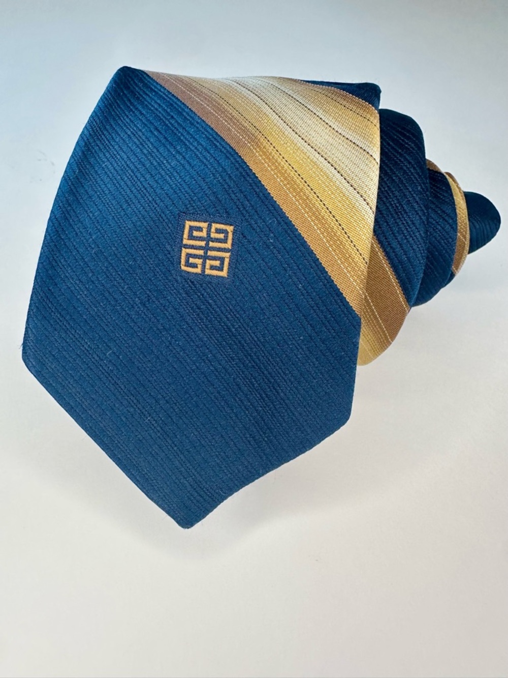 Vintage GIVENCHY Gentlemen Paris Embroidered Blue & Tan Stripe Classic Tie, 3”